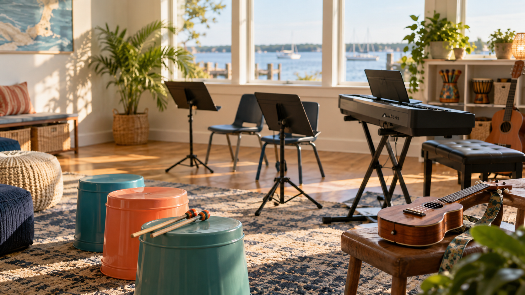 After-school music classroom with keyboard, ukulele, music stands, and rhythm buckets