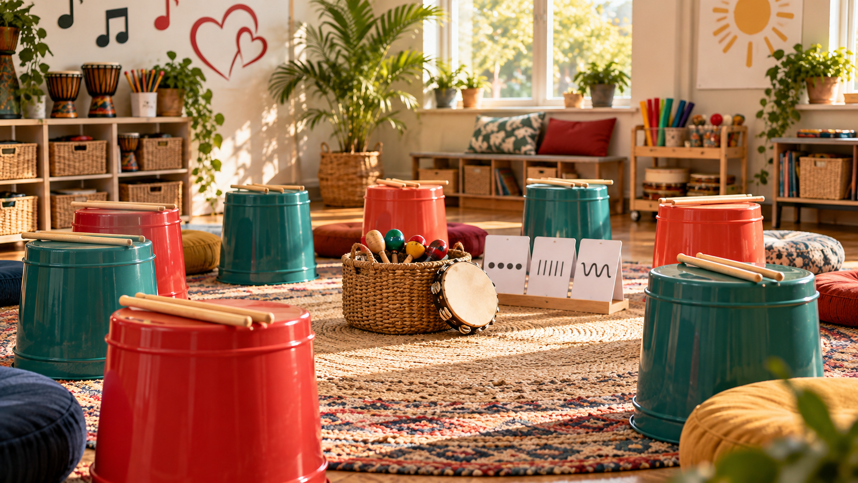 Colorful rhythm buckets and drumsticks arranged for an after-school rhythm class