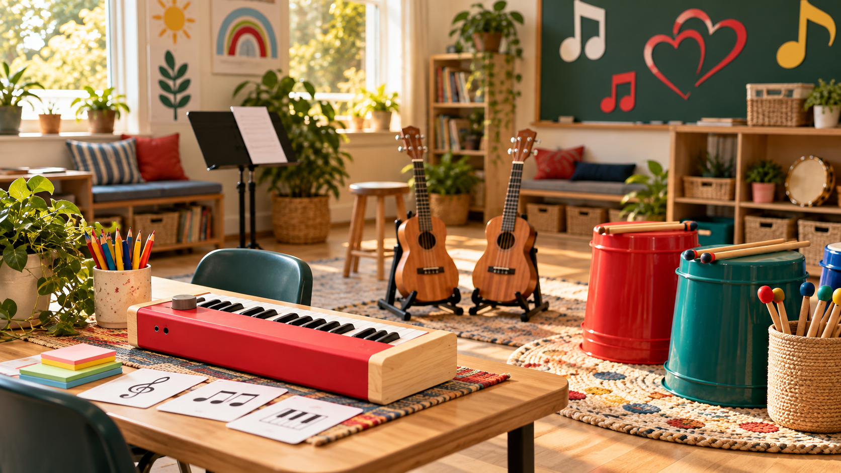 Keyboard, ukulele, and rhythm bucket stations arranged together in an after-school music classroom