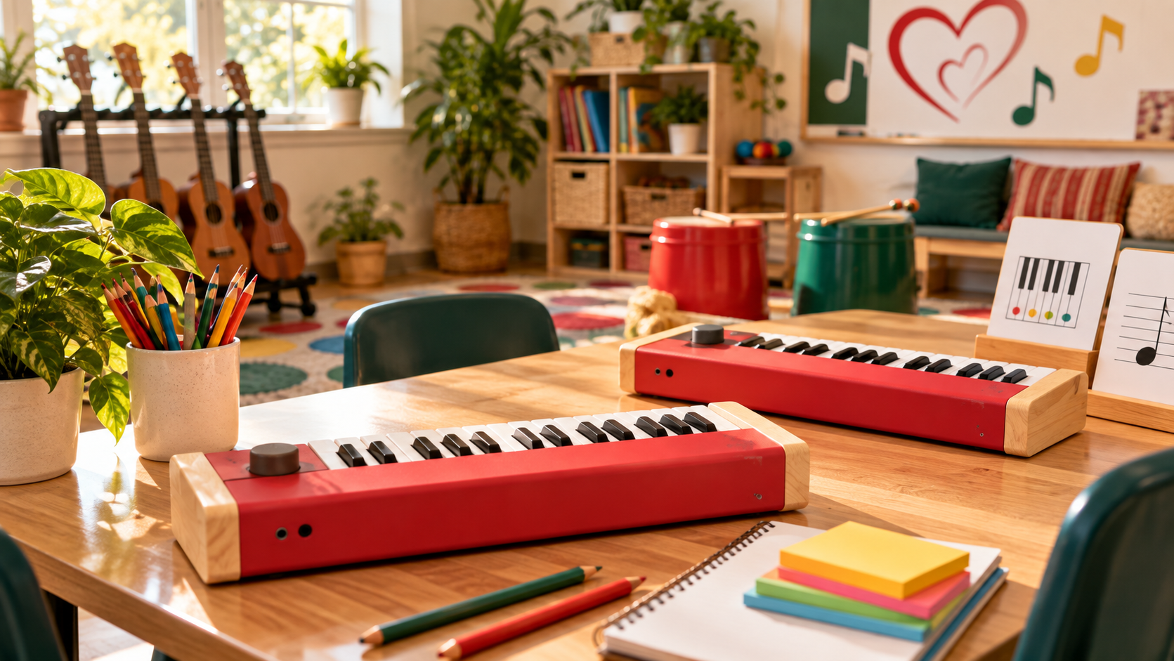 Compact red Loog-style beginner keyboards in an after-school music classroom