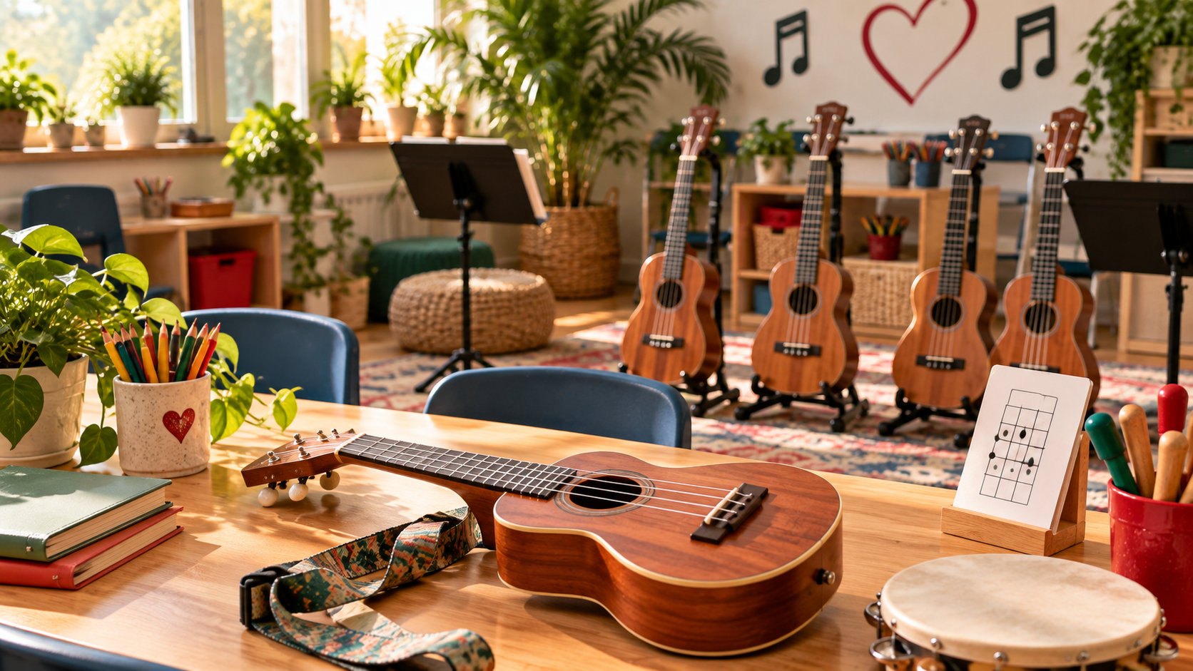 Wooden ukuleles arranged in a warm elementary music classroom